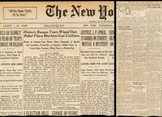 La cubana «Televisión Camagüey» recuerda el bombardeo de Gernika La noticia del Bombardeo de Gernika, firmada por Steer, en la portada del New York Times