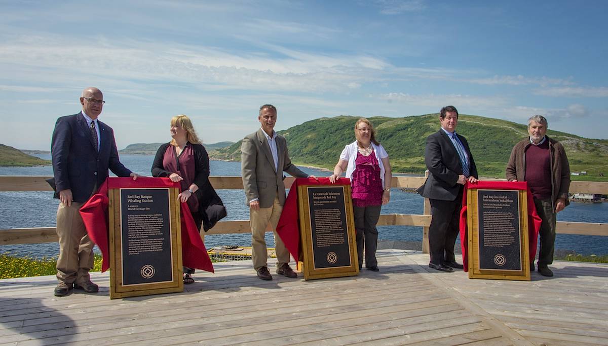 © Submitted photo The UNESCO World Heritage plaques were unveiled in the Town of Red Bay today, during an official ceremony.(L-R) Mr. Bill Goulding, Department of Fisheries and Oceans; Ms. Lael Hird, Town Resident; The Honourable David Wells, Senator, Government of Canada; Her Worship Wanita Stone, Mayor of Red Bay; The Honourable Nick McGrath, Minister of Transportation and Works and the Minister responsible for Labrador and Aboriginal Affairs; and Robert Grenier, Chief Underwater Archaeologist with Parks Canada, Retired.