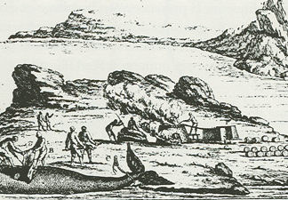 La historia de los balleneros vascos en la costa de Quebec (Vídeo) Illustration représentant un établissement côtier destiné à la fonte des graisses de baleines. (fuente Encyclopédie du patrimoine culturel de l’Amérique française )