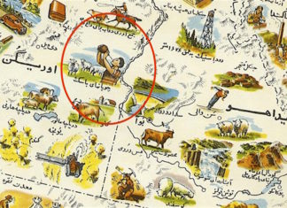 A US map in Persian that shows a Basque shepherd “drinking from a boot” in Oregon
