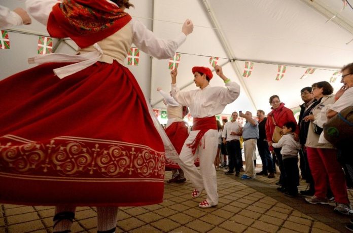 The Gauden Bat dance group from Chino, Calif., performs during the Basque Fest on Parade Plaza in New London Saturday, June 23, 2018. The festival was hosted by the New England Basque Club. (Dana Jensen/The Day) The Gauden Bat dance group from Chino, Calif., performs during the Basque Fest on Parade Plaza in New London Saturday, June 23, 2018. The festival was hosted by the New England Basque Club. (Dana Jensen/The Day)