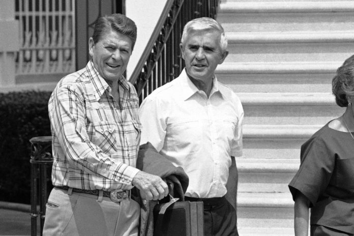 Ronald Reagan and Paul Laxalt at the White House in 1984. The two became friendly when they were governors of neighboring states.CreditBarry Thumma/Associated Press
