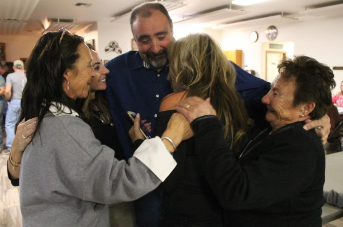 Sgt. Aitor Narvaiza celebrates news of his lead over incumbent Sheriff Jim Pitts as Elko County reported election returns for the city of Elko on Tuesday night.