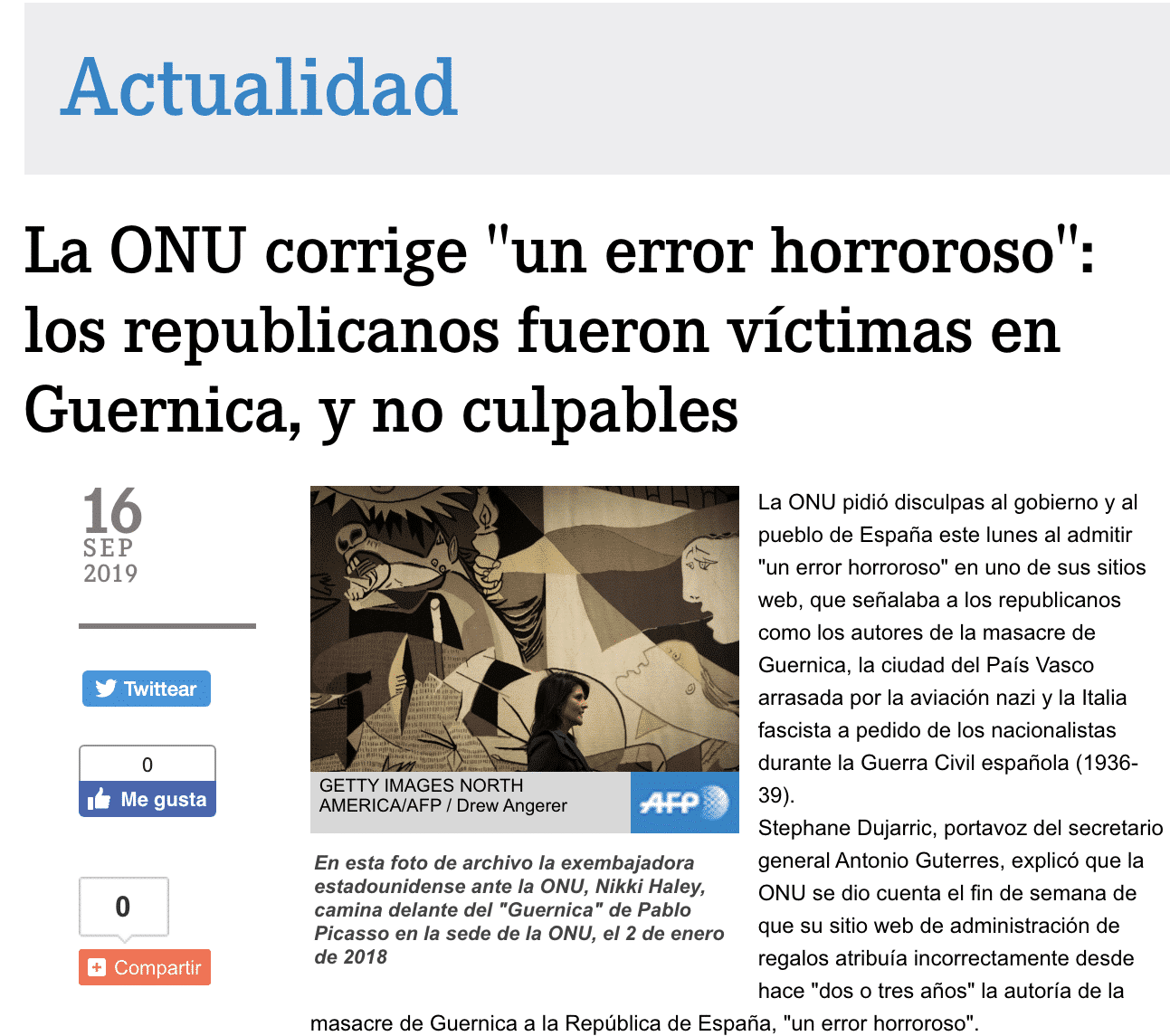 Noticia AFP sobre error de la ONU, en la que se denominan «nacionalistas» a los «rebeldes»
