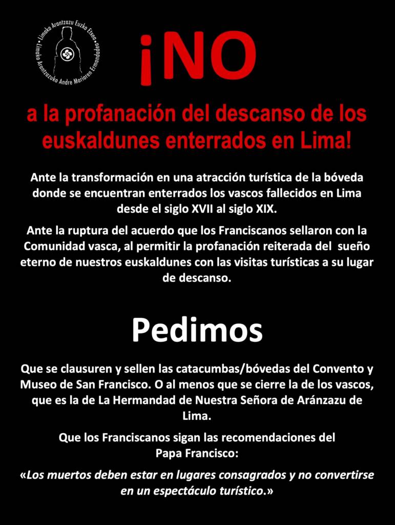 Pericios dPetición de la Hermandad de Nuestra Señora de Aranzazu de Lima de qque no se siga profanando este lugar de enterramiento de los vascos e la Hrmandad de Nuestra Señora de Aranzazu de Lima de qque no se siga profanando este lugar de enterramiento de los vascos 