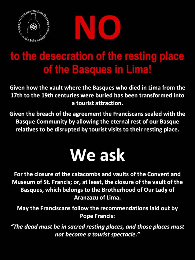 Public petition by the Brotherhood of Our Lady of Aranzazu of Lima to cease desecrating this burial place of the Basques
