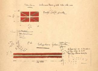 The ikurriña, the coat of arms, the anthem…the FAQs about Basque national symbols Boceto de la ikurriña realizado por los hermanos Arana