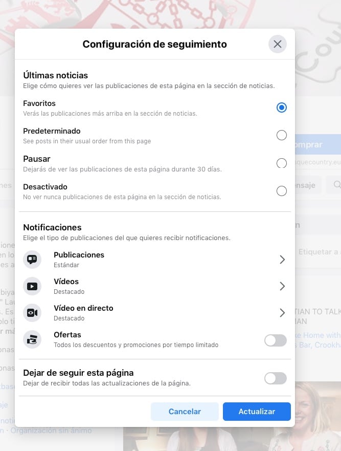 Facebook. Configuración de seguimiento