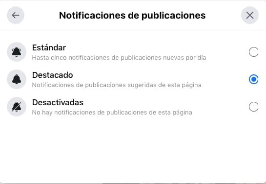 Facebook. Notificación de las publicaciones