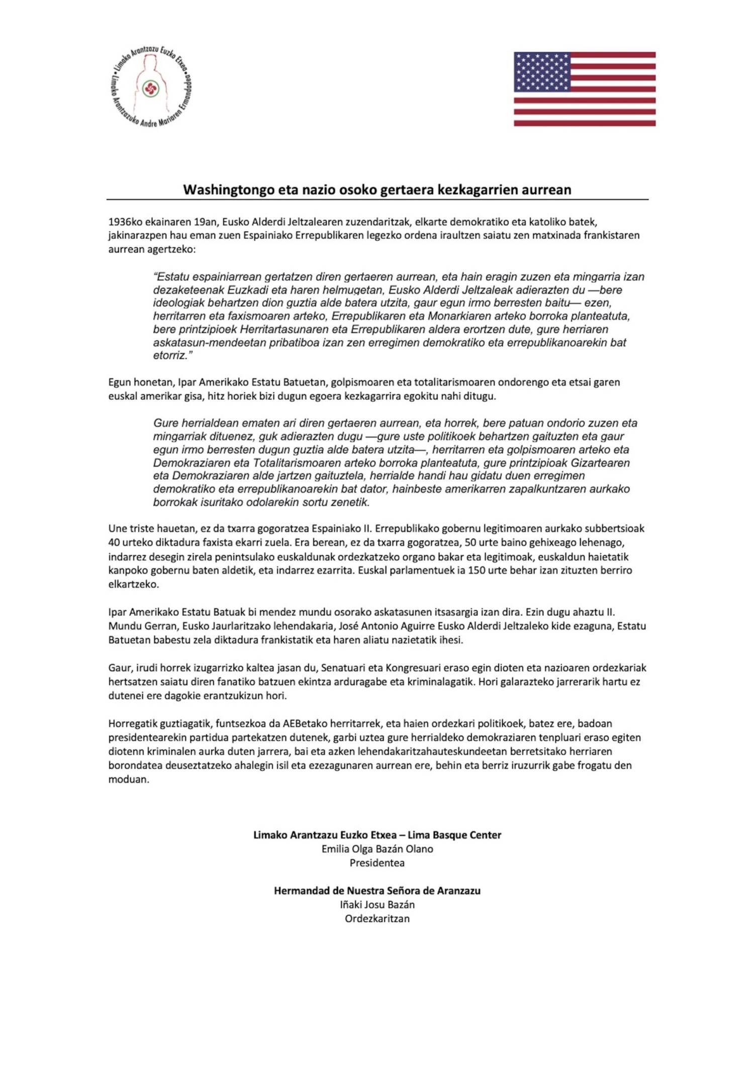 Washingtongo eta nazio osoko gertaera kezkagarrien aurrean