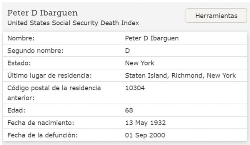 Donald Peter Ibarguen. Ficha defunción.
