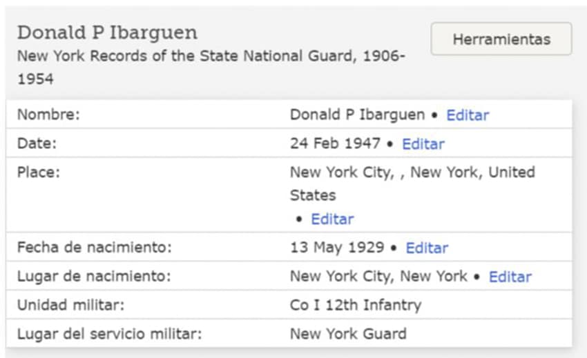 Donald Peter Ibarguen. Ficha militar