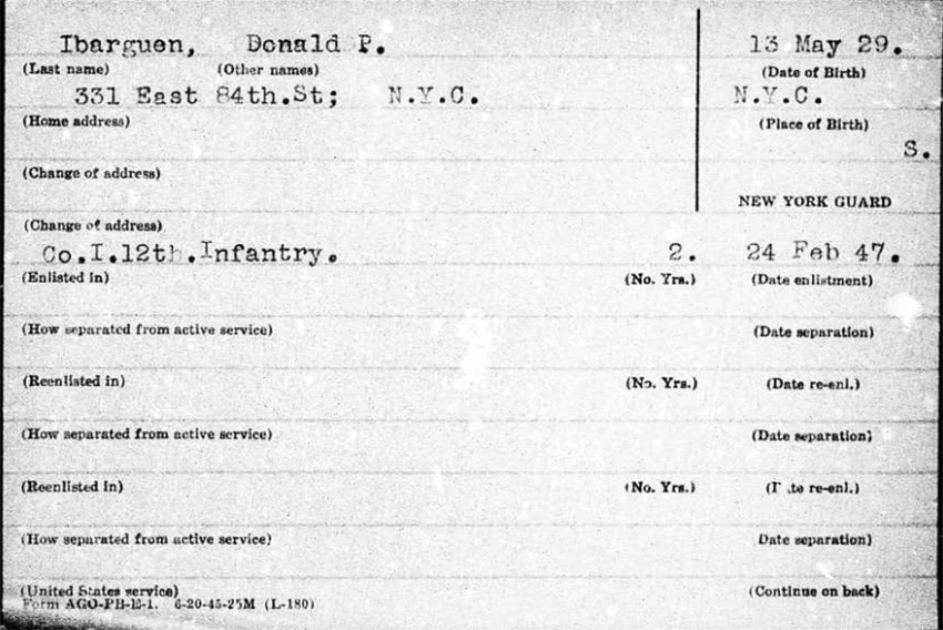 Donald Peter Ibarguen. Tarjeta militar