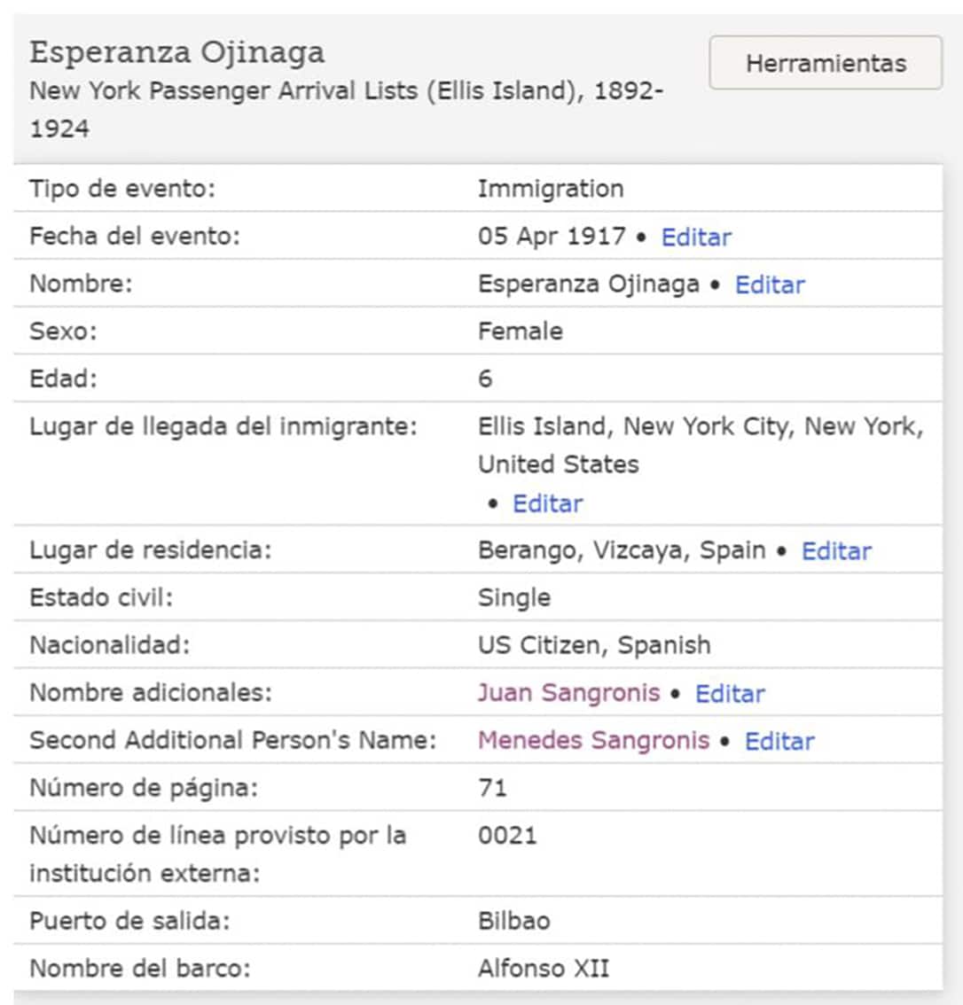 Esperanza Ojinaga. Entrada en USA procedente de Bilbao