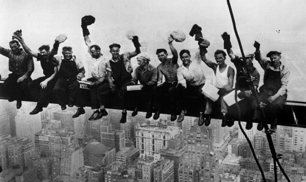 Two more versions of “Lunch atop a Skyscraper” with the same protagonists.