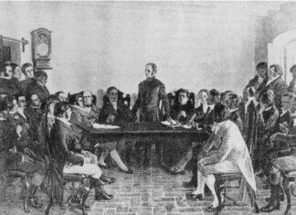 La Independencia de la República Oriental del Uruguay, y el papel de los vascos Asamblea presidida por Lavalleja, conocida como «de la Florida», en la que figuran los treinta y tres orientales. 25 de agosto de 1825. Óleo, conservado en el Palacio del Senado de Montevideo, obra de Pedro Blanes Viale.