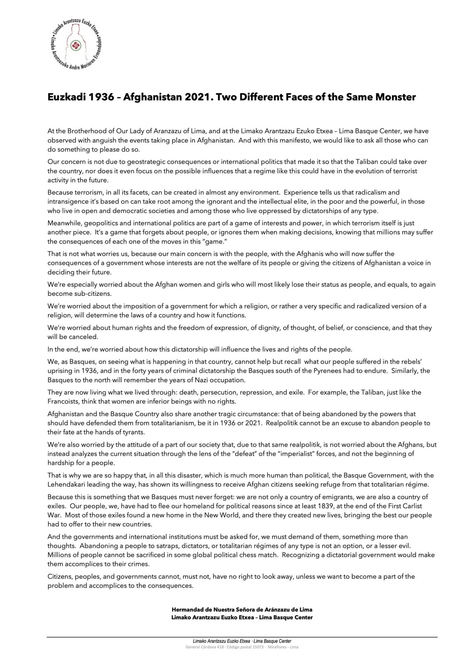 Euzkadi 1936 – Afghanistan 2021. Two Different Faces of the Same Monster