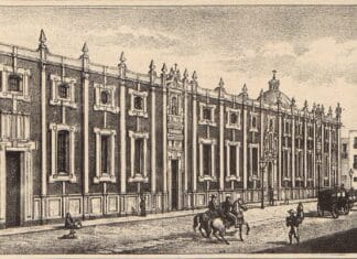 Bizkaitarren Ikastetxea Mexikoko independentziaren aldeko borrokan Grabado de la fachada del Colegio de San Ignacio de Loyola - Vizcaínas