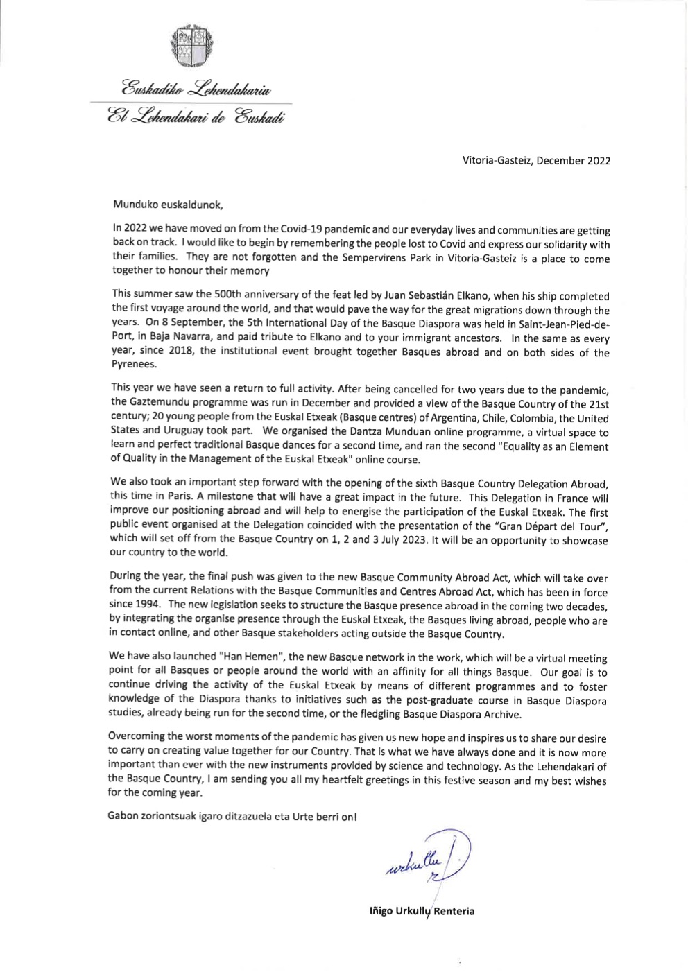 Lehendakari gabon mezua english 2022