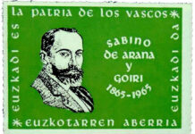 Sobre Sabino Arana y los debates que genera Sabino Arana (1865-1965). Sello original realizado por EGI, las juventudes de EAJ-PNV en Venezuela, con motivo centenario nacimiento