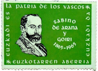 Sobre Sabino Arana y los debates que genera Sabino Arana (1865-1965). Sello original realizado por EGI, las juventudes de EAJ-PNV en Venezuela, con motivo centenario nacimiento