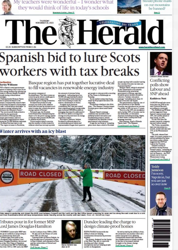 El diario escocés The Herald incluye como principal visita de portada la visita de Bizkaia Talentia Talent